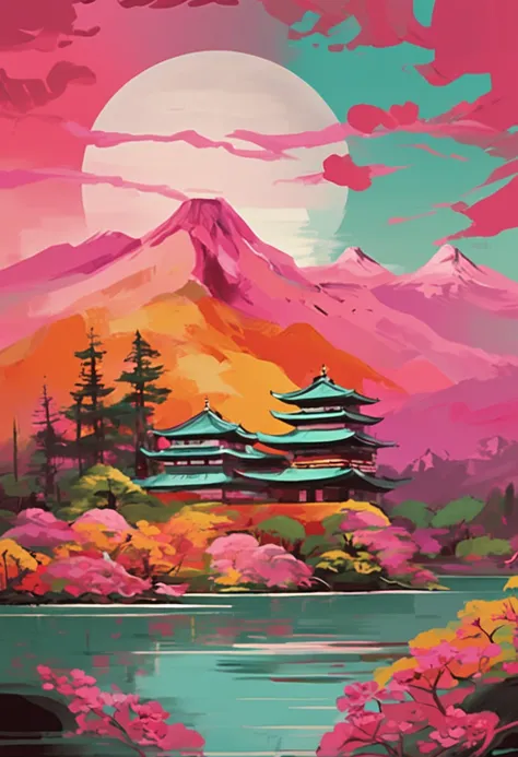 a poster with japanese buildings and a mountain in the background, in the style of light teal and dark pink, traditional animation, travel, layered images, traditional, vintage imagery, cherry blossoms