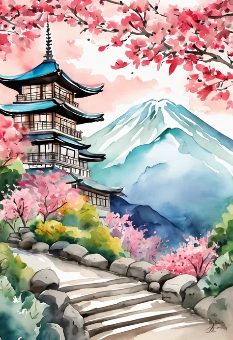 a poster with japanese buildings and a mountain in the background, in the style of light teal and dark pink, traditional animation, travel, layered images, traditional, vintage imagery, cherry blossoms