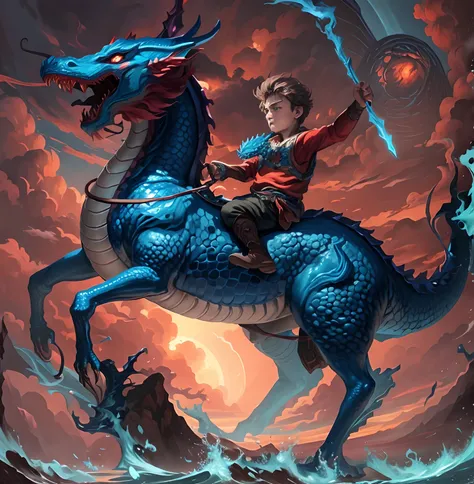 Close-up of a boy riding a blue dragon on the waves...,Red sun, evening, Dragon Rider, epic fantasy digital art style, Dragon Ride, epic fantasy art style, digital painting greek mythology, Epic Fantasy Illustration, Rob Ray, Joe Biden rides a dragon, Digi...