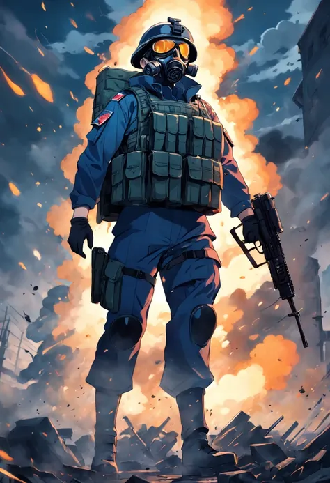 Tall soldier, bulletproof vest, (soldier uniform), blue, weapon, gatling gun, gas mask, rank on the side of clothing, horizon, full fire, solo