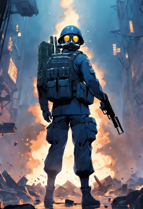 Tall soldier, bulletproof vest, (soldier uniform), blue, weapon, gatling gun, gas mask, rank on the side of clothing, horizon, full fire, solo