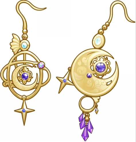 There are two earrings，Design with brown background on top, Earrings. Highly detailed, earring design, a jewellery design, Cute earrings. Highly detailed, ornate galactic gold, elaborate earrings, intricate gold elements, anime art nouveau cosmic display, ...