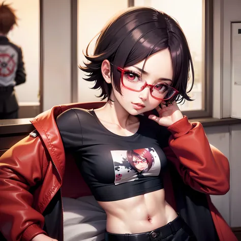 uchiha sarada, eyeglasses, teen, 8k, masterpiece, crop top, short hair, eyeglasses, looking at viewer, 8k, sexy, black and red j...