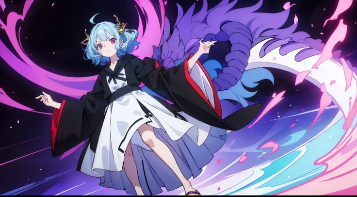 masutepiece, Fine details, 4K, 8K, 12K, Solo, 1 person, Beautiful Girl, caucasian female, 15 years old, 149 cm, Light blue hair, Short hair, Wavy Hair, Red Eyes, Black costume、black robes, Long sleeves, Wide sleeves, long hem, long hem、I cant see my knees、...