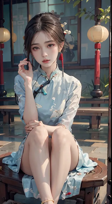 randome pose, (An extremely delicate and beautiful work), (Masterpiece), 1girll, (qipao dress:1.7), (Legs are exposed:1.7), (Show feet:1.7) ,Cute,   Narrow waist, Very thin legs, Highly detailed, waist leaking, Ponytail Contortion, Enchanted expression, be...