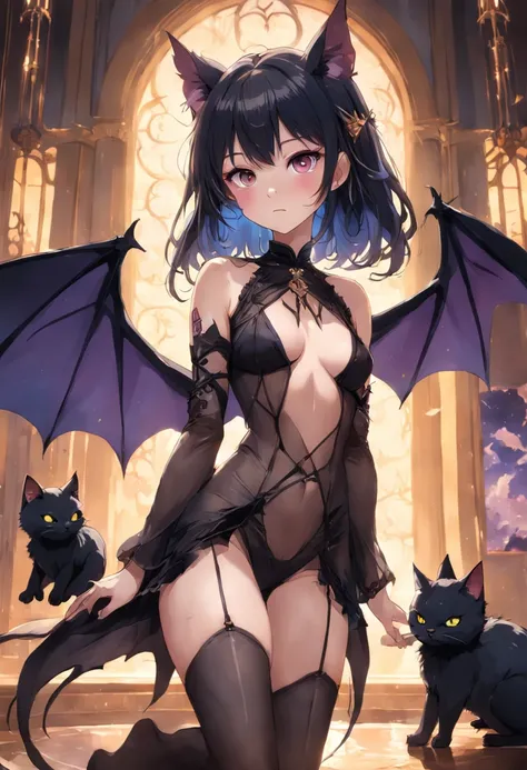 a fairy is the wife of bats. she is dressed in skimpy black sheer clothes. she is has cat-scratches on her legs and arms