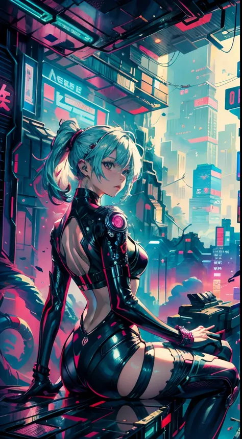 (masterpiece:1.1), (Hyperdetailed), (Best Quality), (intricate details), a cyberpunk girl sitting on a rooftop looking at a neon-lit cityscape, inspired by the art of Yoshitaka Amano, in the style of Moebius, amazing artwork, by Ashenvale, anime art wallpa...