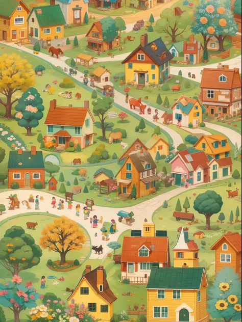 A colorful and cheerful village with lots of houses, trees, flowers and children and animals playing together.