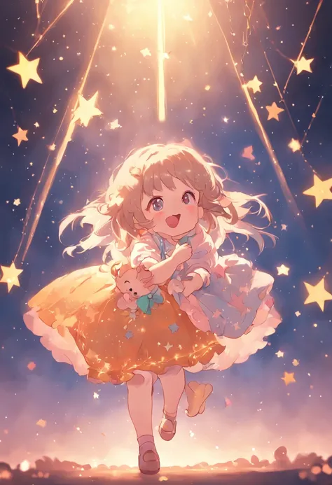 Stars shine，Colorful，Lolita style clothing，Cartoony，Chubby little girl，Holding a bear cub doll，Clumsy jumps，Cute and cute，KIDS ILLUSTRATION，Glow effects，Dingdall effect，depth of fields，high light，Real light，Ray traching，oc rendered，Hyper-realistic，best qua...