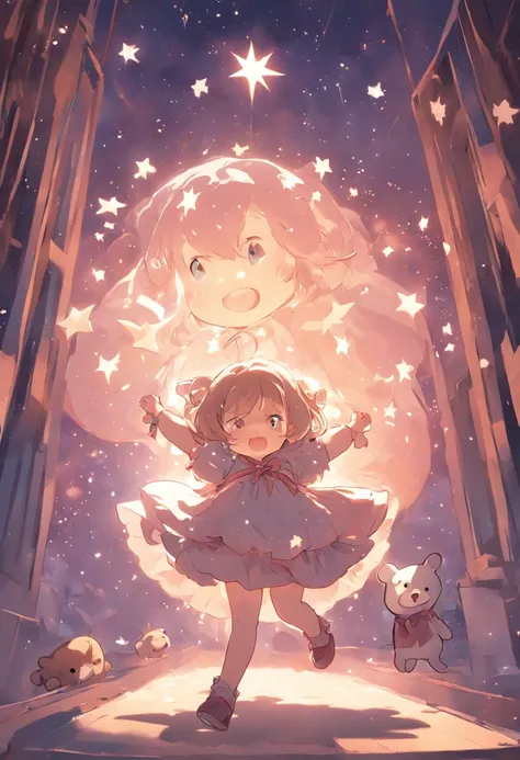 Stars shine，Colorful，Lolita style clothing，Cartoony，Chubby little girl，Holding a bear cub doll，Clumsy jumps，Cute and cute，KIDS ILLUSTRATION，Glow effects，Dingdall effect，depth of fields，high light，Real light，Ray traching，oc rendered，Hyper-realistic，best qua...