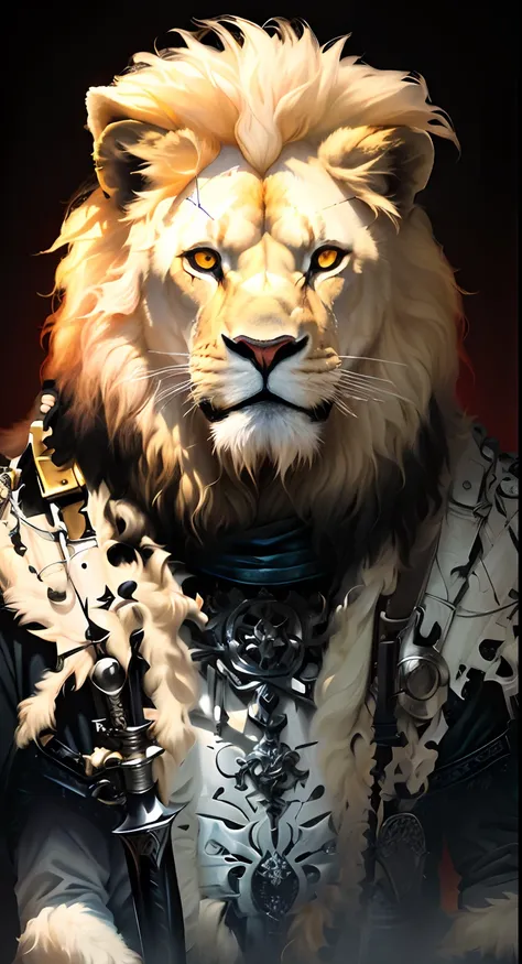 Albino lion with a black sword