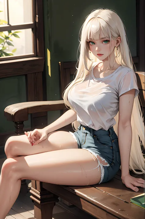 (masterpiece:1.2, best quality), (real picture, intricate details), 1lady, solo, whole body, sitting down, casual, long hair, minimal makeup, natural fabrics, school, really long light platinum blonde hair, bangs, green eyes, big breasts, jean shorts, thic...