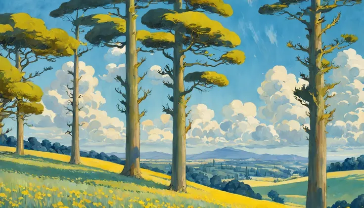 a painting shows green fields with cypress trees, in the style of voigtlander brilliant, sky-blue and yellow, trompe-loeil illusionistic detail, konstantinos parthenis, gustave van de woestijne, louis rhead, impressive skies