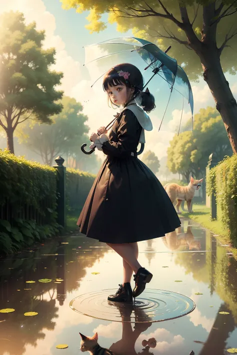 When it is sunny after rain，There are rainbows，Little girl with transparent umbrella，The face is delicate，Frontal view，There are also cats next to it，There are reflections of girls and cats in the puddle，There are trees and grass in the back，Full body like...