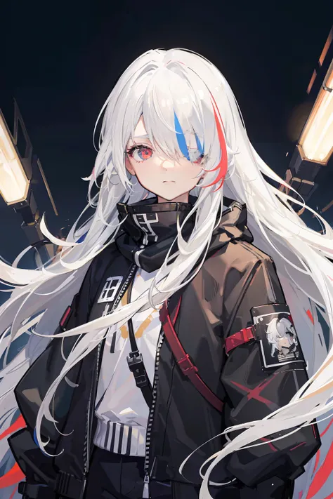 streaked hair, colored inner hair, white hair, long hair, hairpods, bandage over one eye, covered eyes, expressionless, cinematic lighting, character chart, tachi-e, UHD, retina, masterpiece, ccurate, super detail, high quality, high details, award winning...