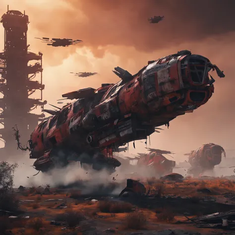 A wasteland-style spaceship, exploding in the air, black smoke from the engine, surrounded by a group of small red wasteland-style aircraft, with an abandoned ancient city in the background, towering industrial towers everywhere and some withered vegetatio...