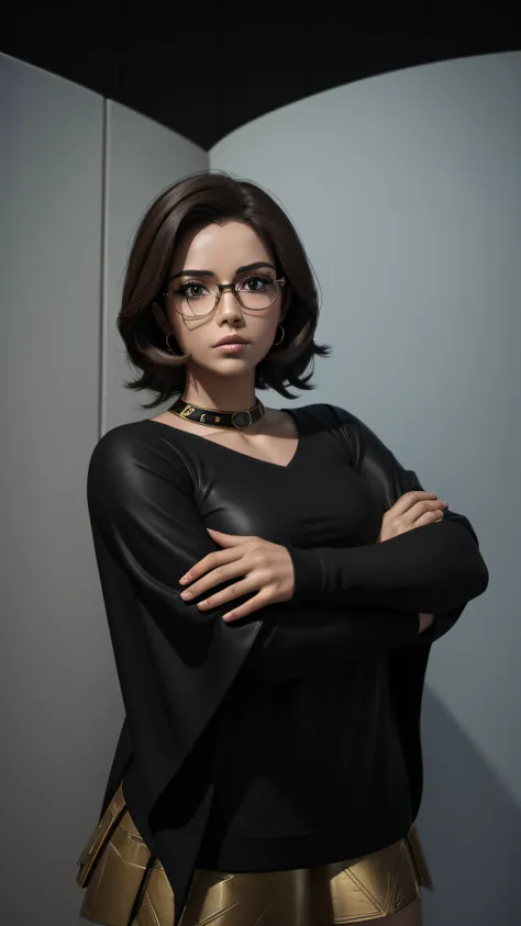 A female heroine, rosto mais maduro, mulher de meia idade, in superhero costume, Estilo futurista, 3d, com capa, bespectacled