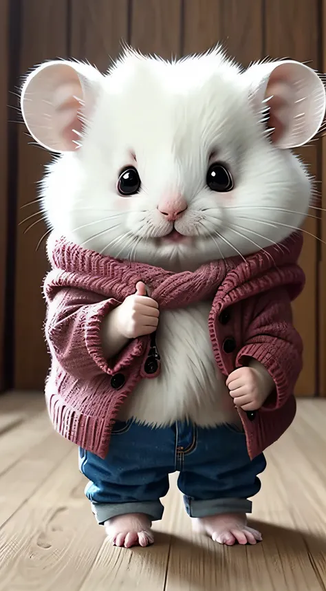 Cute fluffy white hamster, Wear pants