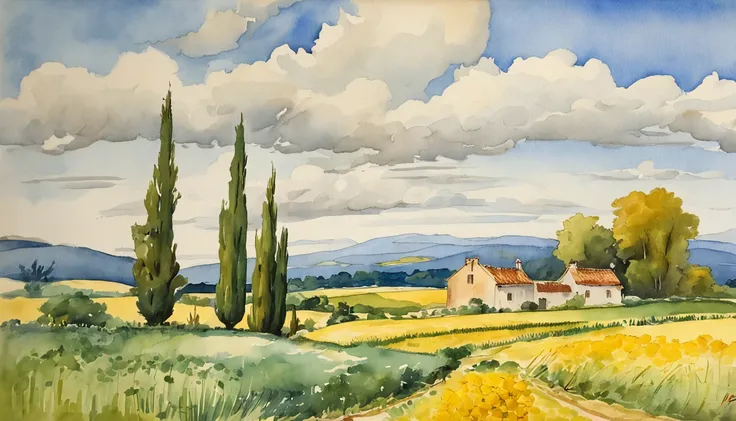 a painting shows green fields with cypress trees, in the style of voigtlander brilliant, sky-blue and yellow, trompe-loeil illusionistic detail, konstantinos parthenis, gustave van de woestijne, louis rhead, impressive skies