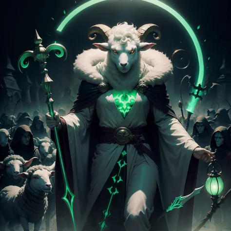 Invasion of evil creatures from another world，A sheep-headed creature wears a robe，Holding a staff to summon the undead，The whole body emits a green light，Chilling，