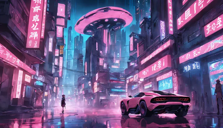 A vast cyberpunk landscape set in Korea with flying cars and neon lights, in shades of pink, blue and red, in the style of Blade Runner and Ghost In The Shell