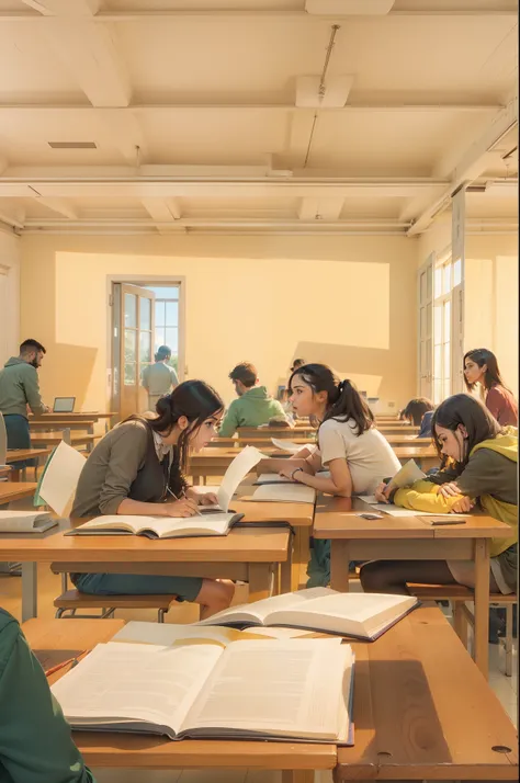 sala de aula, several people studying, sol entrando pela janela