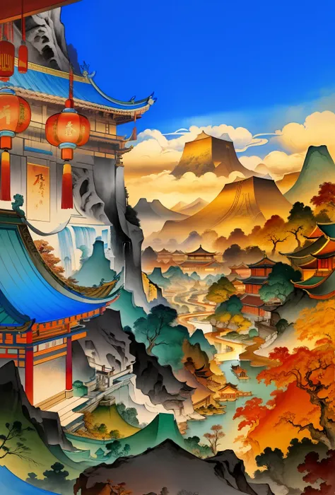 Ancient Chinese landscapes, ancient buildings, pavilions, carved beams and painted buildings, beautiful mountains and rivers, inspired by Jin Yong martial arts, sunlight, ink painting style, clean colors, decisive cutting, blank space, freehand, masterpiec...