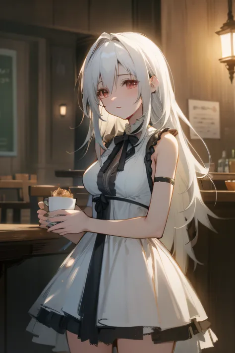 At the café at night, there is a girl with white hair in a dress