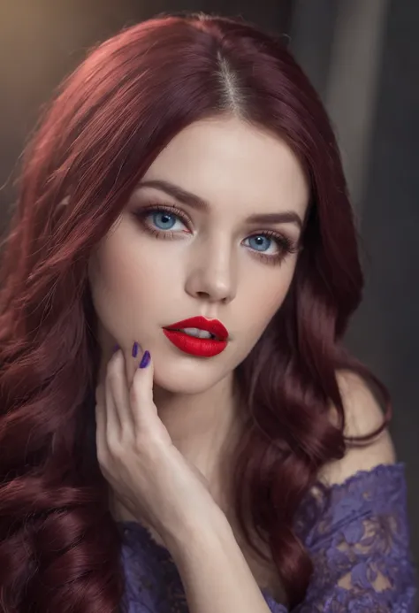 girl, sexy body and sexy face, lips with red lipstick, long purple hair, blue eyes