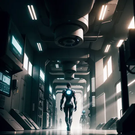 The technology factory of the future，Male crossers，Be surprised by what happened，Surrounded by futuristic machines，The light illuminates the silhouette，Clean and tidy space，Dark floors，solitary figure，The surrounding complex machines fill the space