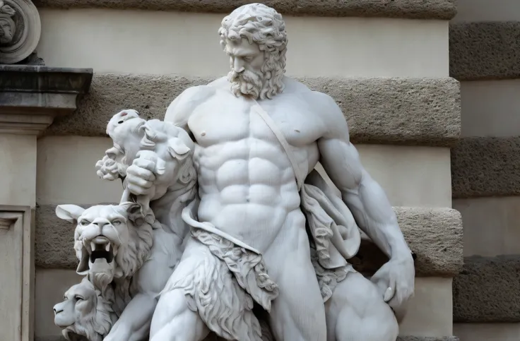 Arafed statue of a man with a dog and a lion, statue of hercules looking angry, statue of hercules, inspirado em Hercules Seghers, Hercules, Marble statues, Bowed muscles;, greco roman statue, some marble statues can be seen, forte e imponente, large muscl...