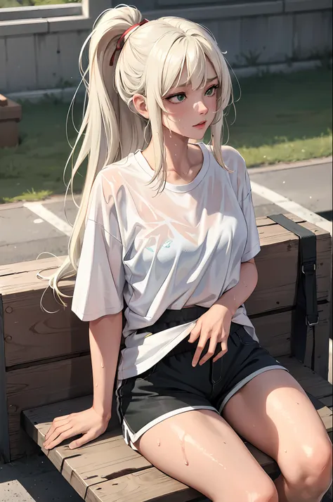 (masterpiece:1.2, best quality), (real picture, intricate details), 1lady, solo, whole body, sitting down, casual, long hair, minimal makeup, natural fabrics, school, really long light platinum blonde hair, bangs, green eyes, big breasts, school PE shorts,...