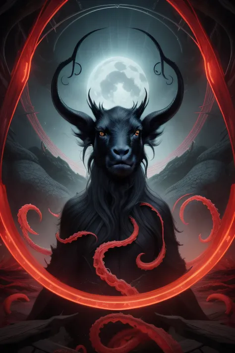 (((An evil creature，Mother of the Black Goat)))，thin fog，Ominous，Cosmic horror Cthulhu stood there，Just stand there。His huge body devoured the suns brilliance，Let his body be shrouded in deep darkness，As if it were the embodiment of darkness。His skin looks...