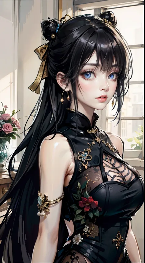 tmasterpiece，Highest high resolution，Dynamic bust of beautiful Chinese lady，Delicate black bun hair，Black clear eyes，The hair is covered with beautiful and delicate floral craftsmanship, Crystal jewelry filigree，Ultra-detailed details，upscaled。Cosmetic eff...