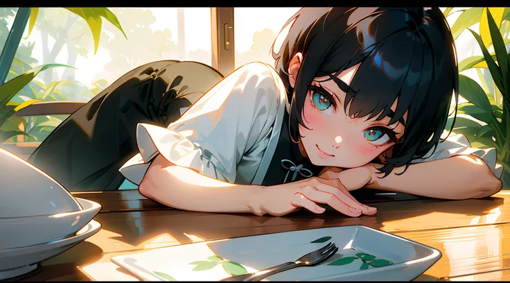 Original Characters、Wide angle shot、Volume Lighting、Best Shadows、Shallow depth of field、Portrait of an amazingly beautiful girl、Delicate beautiful attractive face with petite and seductive eyes、Drink coffee in a café with plants、a smile、Sharp Eyebrows、Blac...