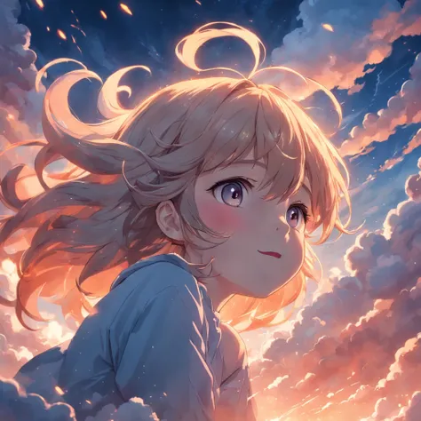 masterpiece, best quality, movie still, 1girl, cloud girl, floating in the sky, close-up, bright, happy, warm soft lighting, sunset, (sparks:0.7)