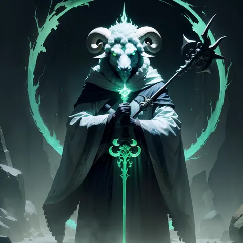 Invasion of evil creatures from another world，Sheep-headed creature in robes，4:3 sideways，Summon the undead with a staff in hand，The whole body glows green，Chilling，At his feet is a glowing summoning array。