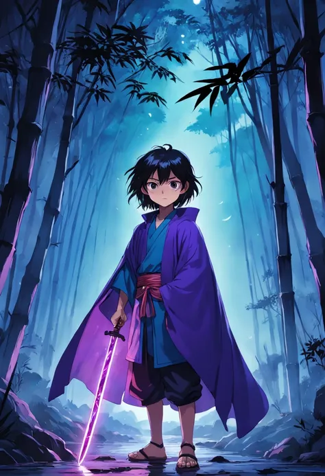 On a dark and windy night in a month，A 9-year-old boy wears a purple cape，Holding a chilly purple sword in his hand，He has the long hair of an ancient man，Located in a suburb of the Han Dynasty，It is surrounded by a bamboo forest