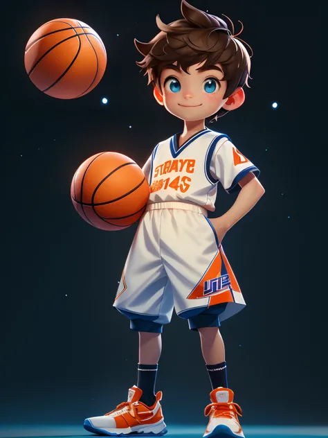 10 year old boy，Future-proof，tmasterpiece，HighestQuali，（（Photorealsitic：1.4））tmasterpiece，（tmasterpiece，Best quality at best）Five cute little boys，Wearing a red and white jersey，Black basketball shoes，basketball ball，Elaborate Eyes，happy grin，Jump dunk bas...