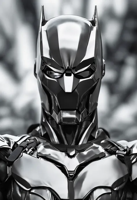 Um batman laranja, branco e preto, Realistic Dutchman in a titanium cybernetic suit, detalhado, designe perfeito, alta qualidade arestas perfeitas e simetricas ::n_desenho de estilo, Low-quality imperfection, boneco, Jogo, anime