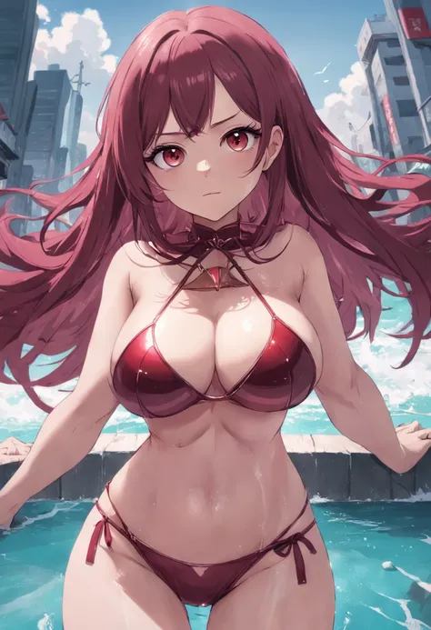 raping，Perverted，self-assured，Mature and delicate eyes，mascara，Best quality at best，tmasterpiece，2girls，Maroon hair，full bodyesbian，Simple crimson bikini，cyber punk perssonage，Delicate waist，详细的脸，beautidful eyes，Light smile，sea beach，with dynamism，Clear fo...