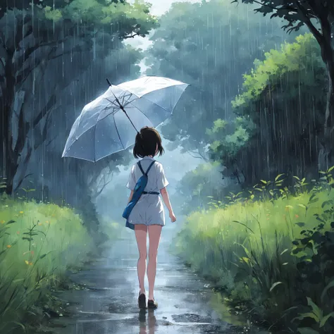 (Wear white short sleeves+blue short pants)The girl is holding a transparent umbrella，Standing alone on a country lane，A drizzle。(overcast sky+Light rain)，The girls back looked lonely。