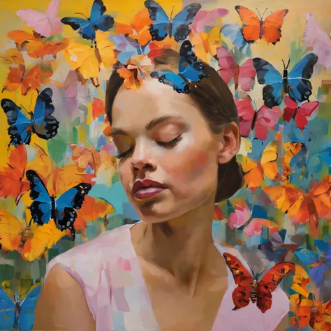 a girl has flowers on her face with butterflies over it, in the style of neo-pop collages, realistic forms, poetic still lifes, collaged constructions, brightly colored, juliana nan, henriette grindat