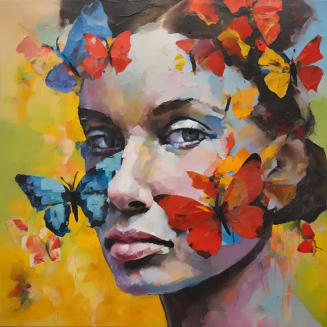 a girl has flowers on her face with butterflies over it, in the style of neo-pop collages, realistic forms, poetic still lifes, collaged constructions, brightly colored, juliana nan, henriette grindat