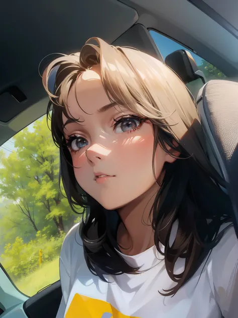 A close-up portrait of a bored girl taking a selfie during a long drive in a car.