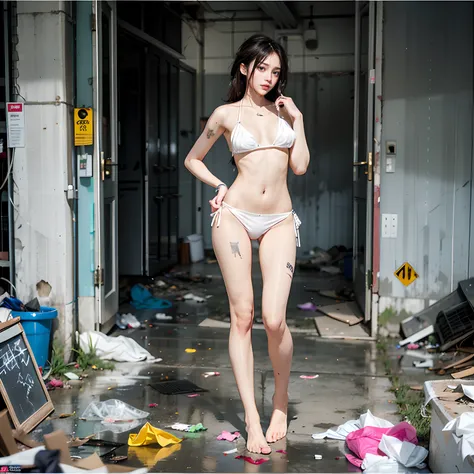 tmasterpiece，abandoned building，Garbage all over the ground，grimy，full-body portraits，Sexy standing pose，White transparent sexy bikini，Slim legs，very beautiful long slim legs，The barefoot，Naked all over the body，full body exposed，exhibitionists，The body is...