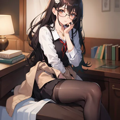 (name), ((best quality)), (super detail), 1 girl, black hair longhair, black-rimmed glasses, [detail background (bedroom), hands between legs, hair between eyes, brown eyes, hair ornament, chest, school uniform, collared shirt, hairsh, clothes around the w...