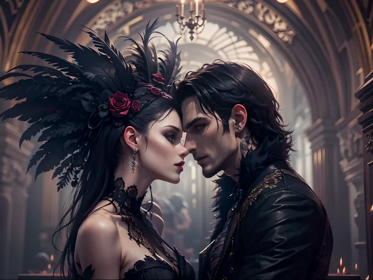 Extremely detailed faces, 8k, gothic handsome fit male vampire, woman straddling him in intricate dress with detailed feathers, gothic romance, passionate kiss.