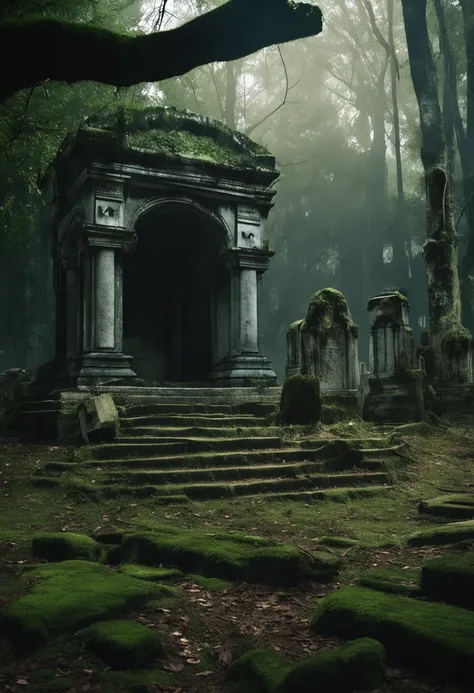 Generate an image of an ancient cemetery surrounded by dense forest. Show moss-covered tombs and faded inscriptions indicating forgotten history. Add ethereal spirits floating above the tombstones, with anguished faces and empty eyes. Create an effect of l...