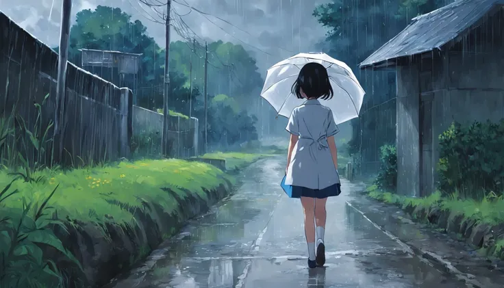 (Wear white short sleeves+blue short pants)The girl is holding a transparent umbrella，Standing alone on a country lane，A drizzle。(overcast sky+Light rain)，The girls back appears lonely in the lower right corner of the picture。